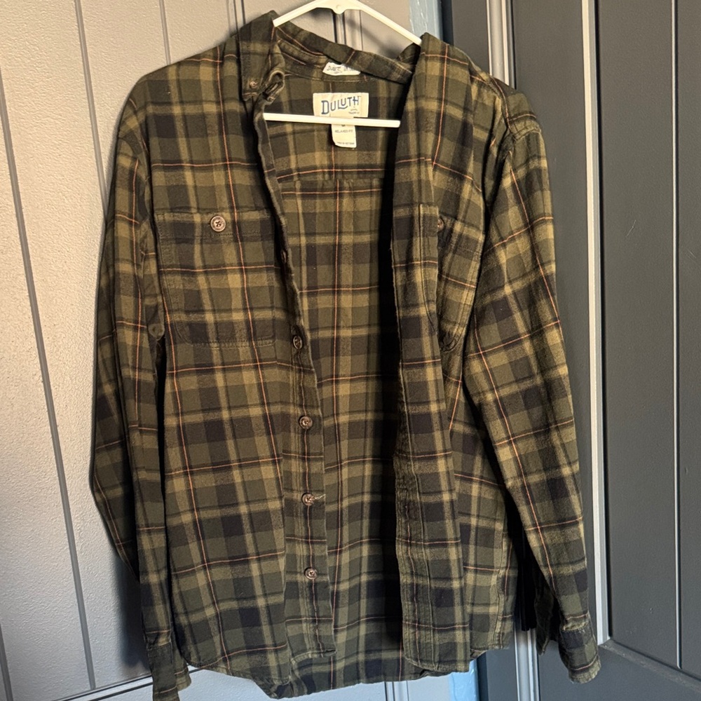 Duluth Trading Co Olive Green and Black Plaid Flannel Shirt